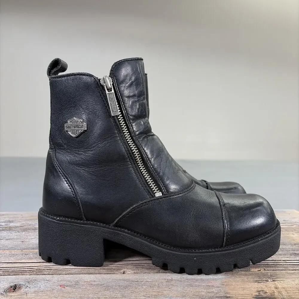 Harley Davidson Womens Black Leather Side Zip Biker Boots Size 7.5 Ankle Charity